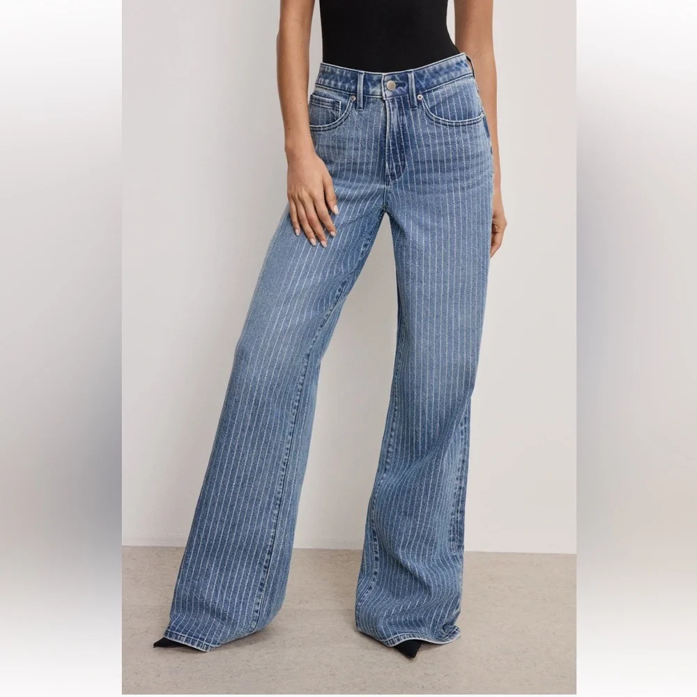 NWT Good American Good Ease Rhinestone Embellished Wide Leg - Picture 11 of 16